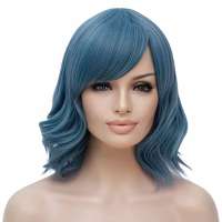 Pruik bob model schouderlang met golfjes Petrol Blauw