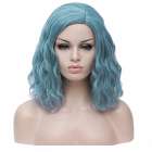 Pruik schouderlang haar met golfjes blauw