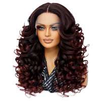 Luxe lace front pruik met superzachte krullen wijnrood mix