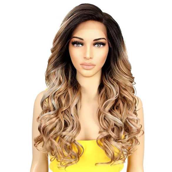 Luxe lace front pruik lang krullend haar caramel blondmix