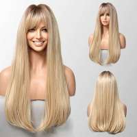 Pruik lang blond steil haar met pony model 021