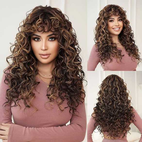 Pruik lang haar in mocca bruinmix met prachtige wilde krullen Deborah