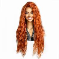 Oranje pruik met lang haar wave slagen
