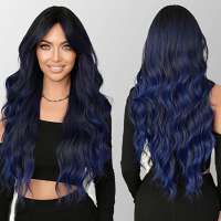 Luxe pruik lang golvend haar zwart blauw
