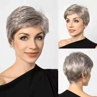 Damespruik kort steil haar in laagjes zilvergrijs mix