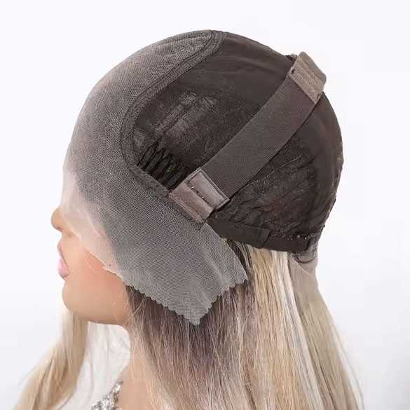Mono top swiss lace pruik lang blond haar zonder pony model Loreen