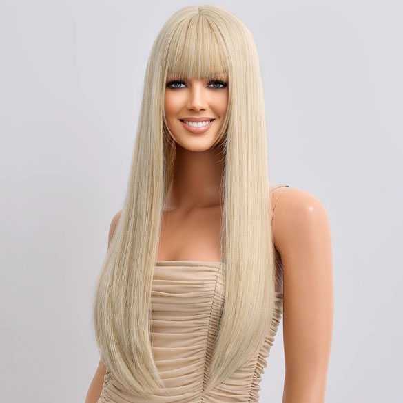 Pruik lang blond steil haar in laagjes met pony model 32-6
