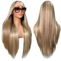 Lace pruik lang steil haar zonder pony in blondmix model Star