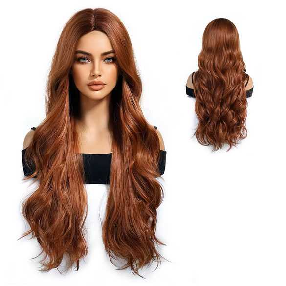 Luxe pruik lang koperrood haar met losse slag zonder pony