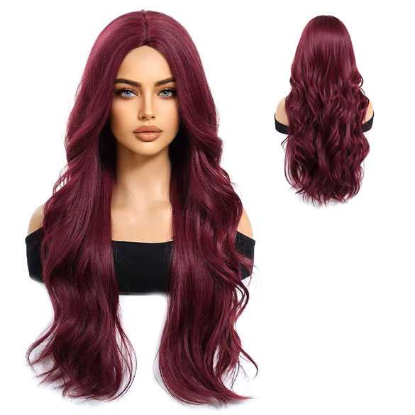 Luxe pruik lang wijnrood haar met losse slag zonder pony