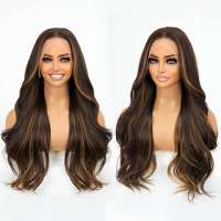 Swiss lace front pruik lang haar met slagen donkerbruin met highlights