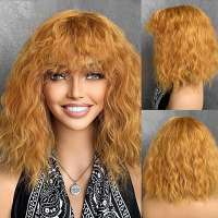 Pruik schouderlang bob model met wave slagen saffraan geel