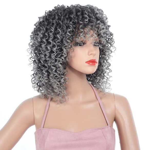 Pruik afro kroes grijsmix schouderlang haar spiraalkrullen