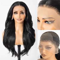 Swiss lace front pruik lang zwart haar met slagen
