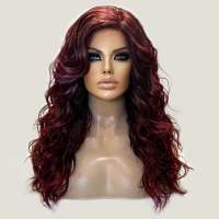 Swiss lace pruik wijnrood lang haar beach wave krullen Calyx