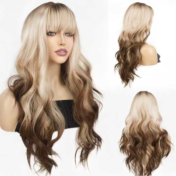 Duo color pruik lang haar met slagen en pony model Romee