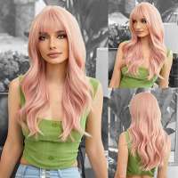 Luxe pruik perzik pastel roze lang haar met pony