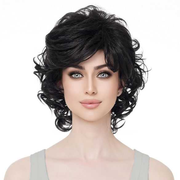 Moderne pruik kort krullend haar donkerbruin kleur 2