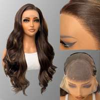 Swiss lace front pruik lang krullend haar donkerbruin met highlights