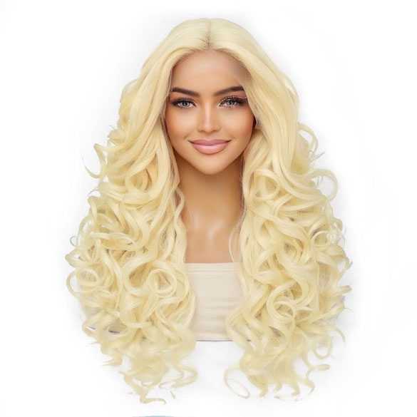 Luxe lace front pruik lang krullend haar lichtblond zonder pony